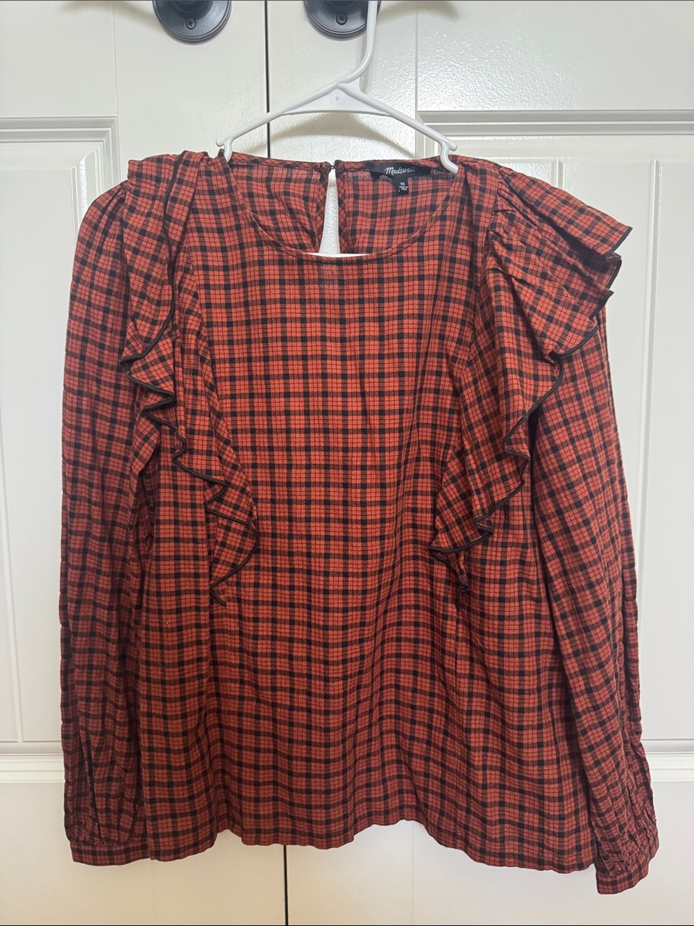 Madewell Red and Black Plaid Ruffle Blouse